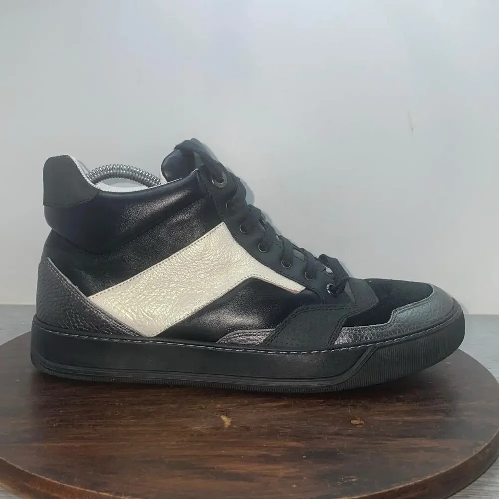 LANVIN Lace-Up Mid Top Black Leather Mix Materia Sneakers Men's Size 7 Shoes